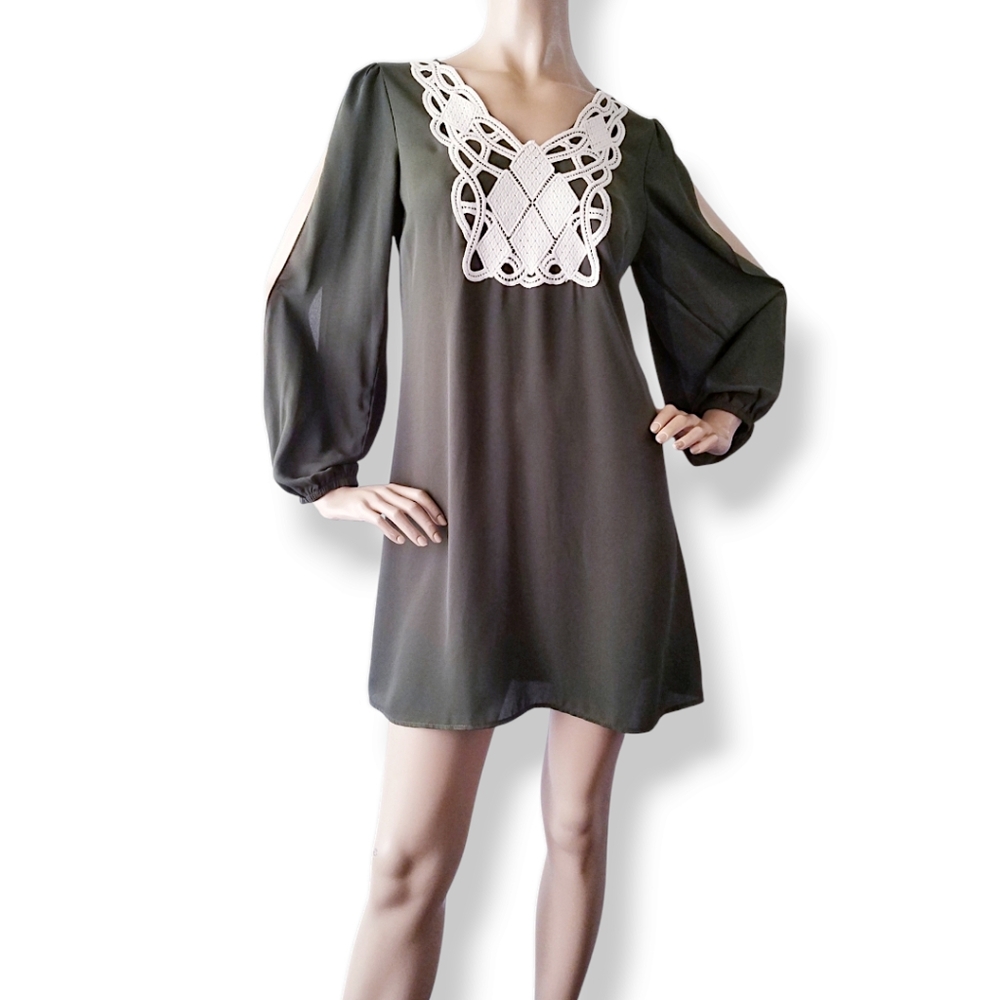 Jun & Min Olive Green Dress with Lace Detail & Sleeve Slit- Sample Size Small